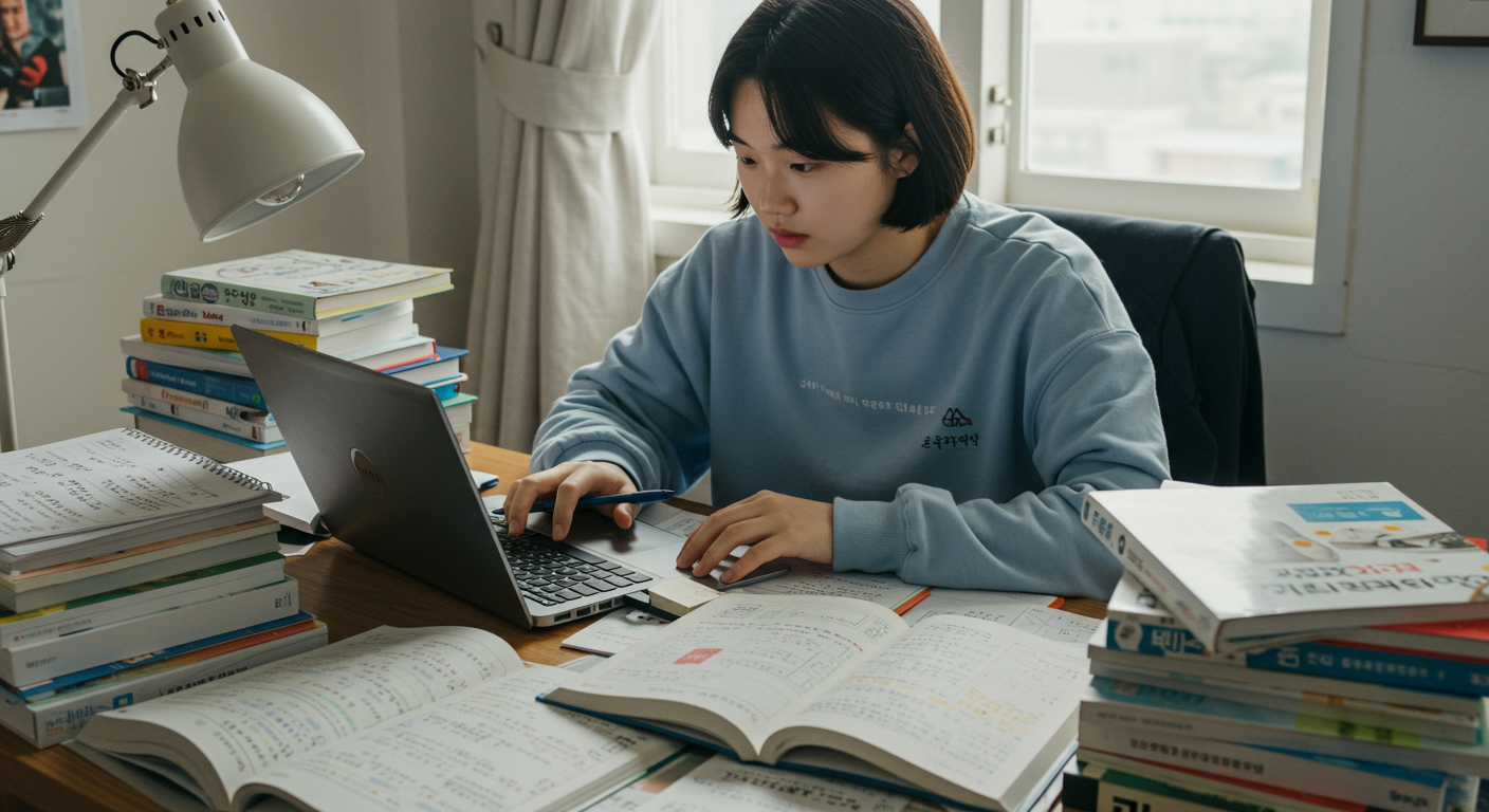 책상 위에서 노트북과 책을 펴고 한국어 공부에 집중하는 학생