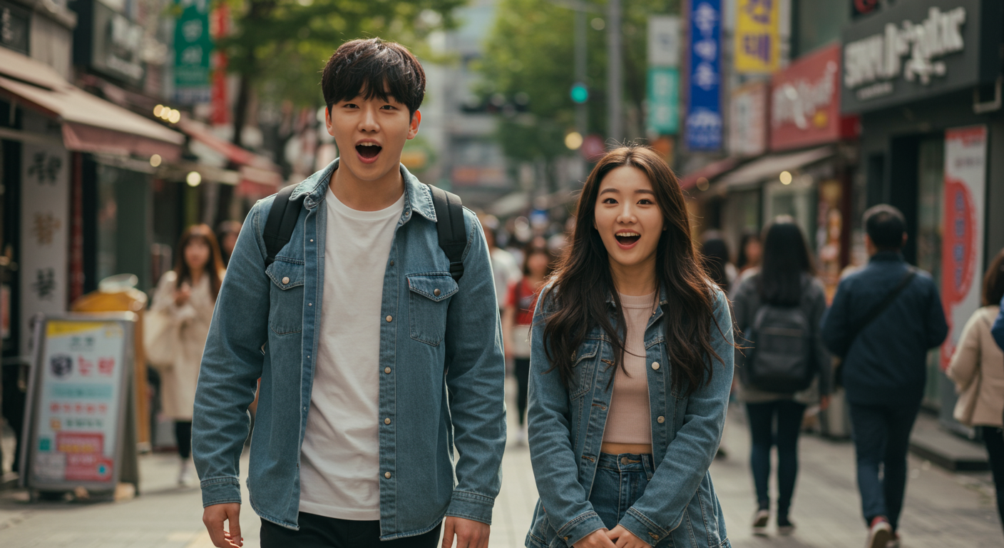 서울 거리에서 우연히 만난 두 젊은이들의 놀란 표정