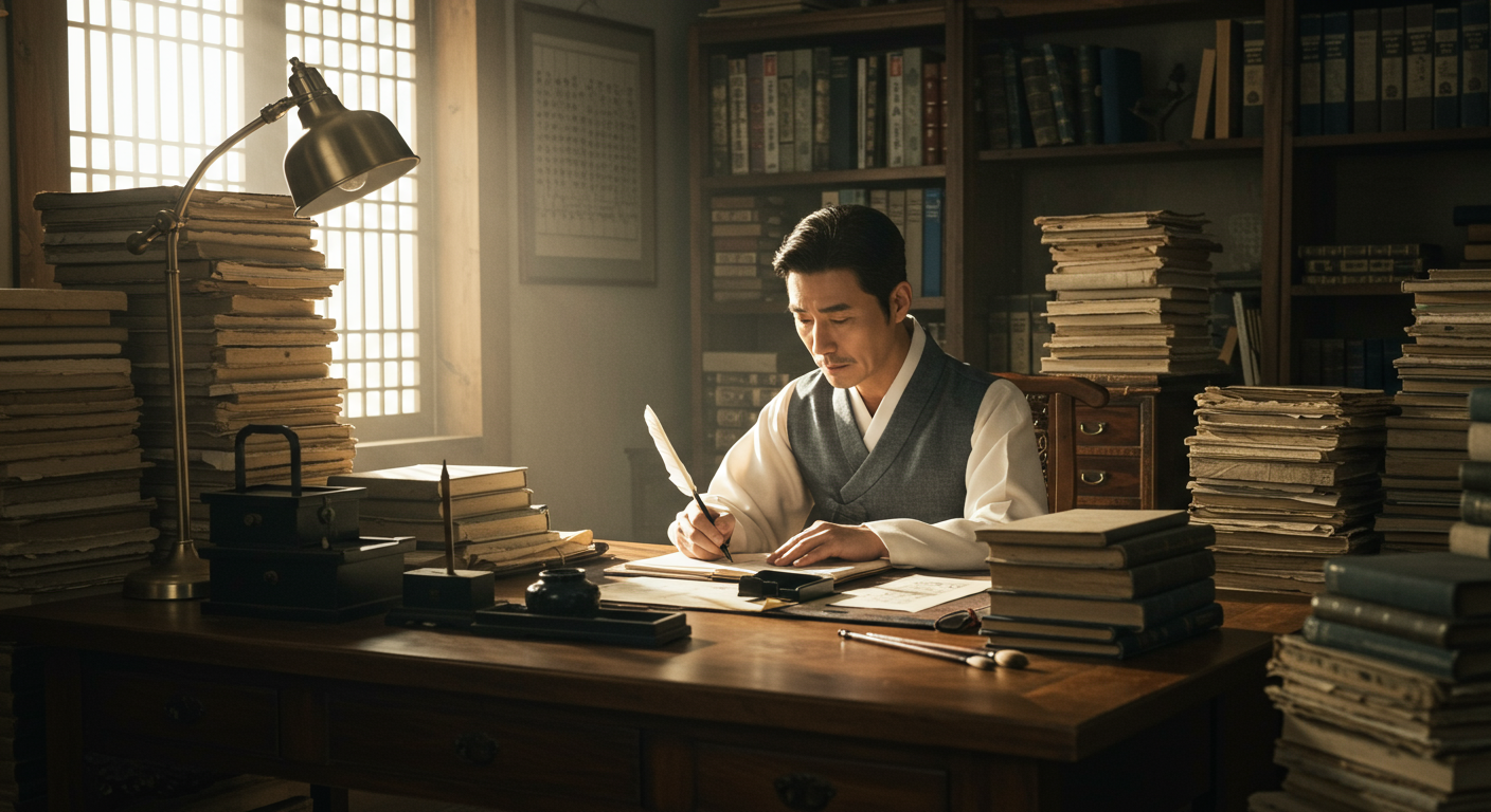 연구 자료를 보며 조용한 서재에서 글을 쓰는 학자의 모습