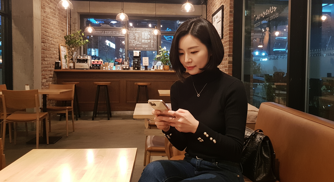 인기 패션 앱을 사용하는 중년 여성이 카페에서 스마트폰을 보고 있는 장면