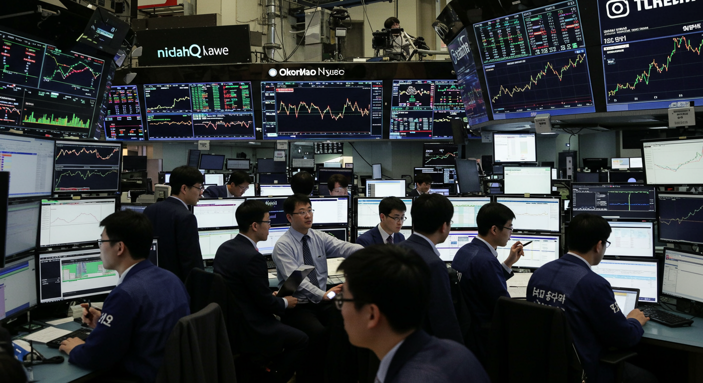 글로벌 시장 지표가 디지털 화면에 나타나는 분주한 거래소에서 트렌드를 논의하는 한국인 트레이더들