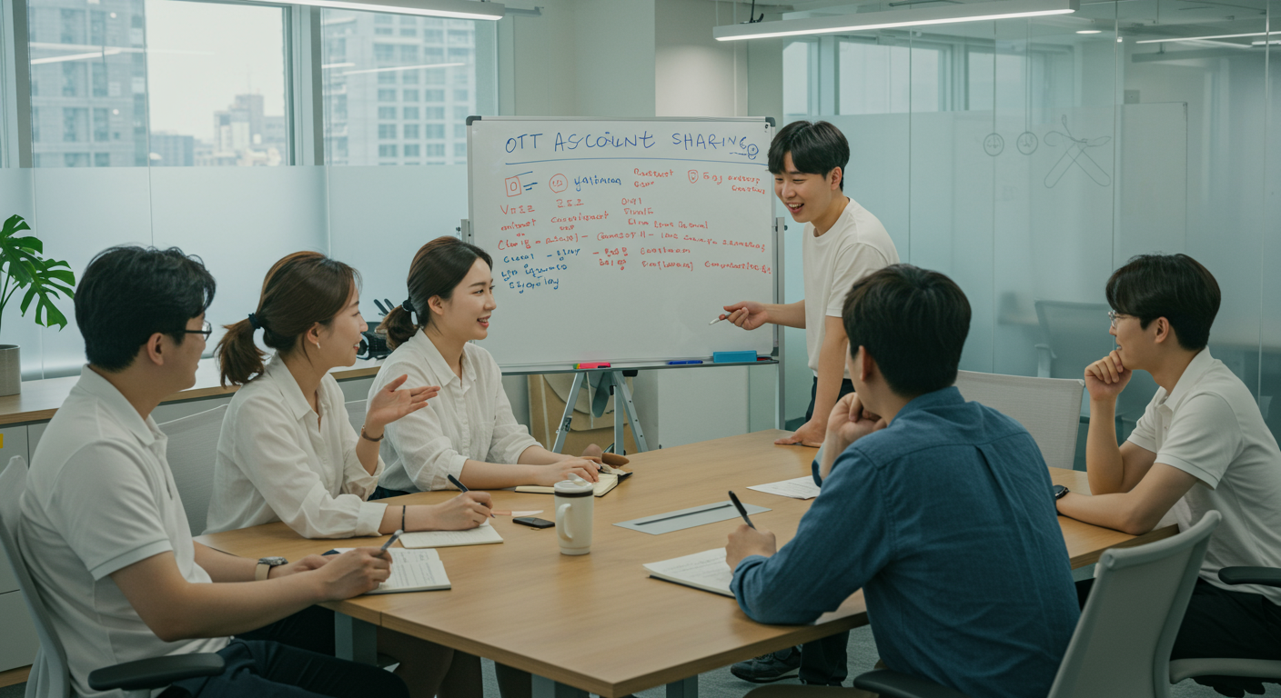 현대적 사무실에서 OTT 계정 공유 정책에 대해 논의하는 직장인들