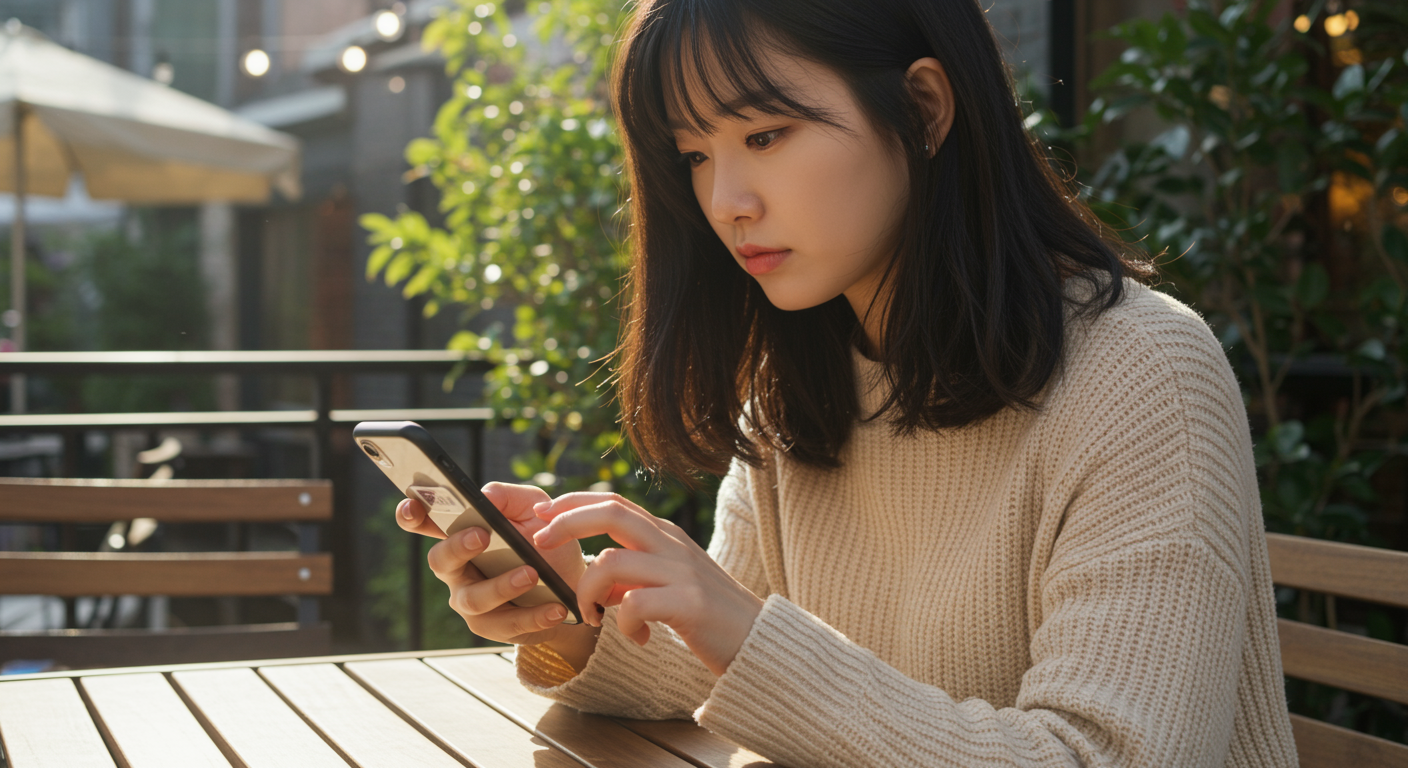 카페에서 스마트폰으로 인스타그램 설정을 조작하는 여성