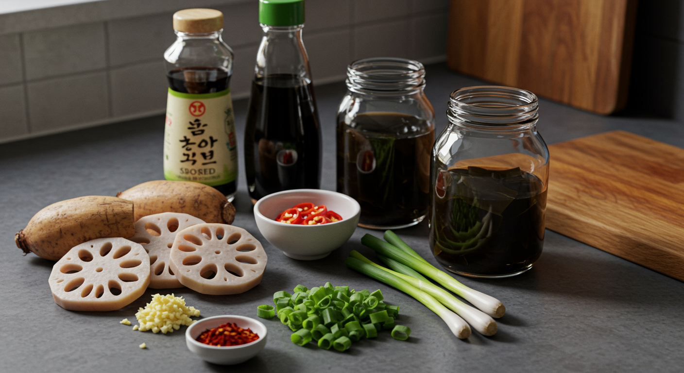 주방 카운터에 깔끔하게 배열된 연근 요리 재료들