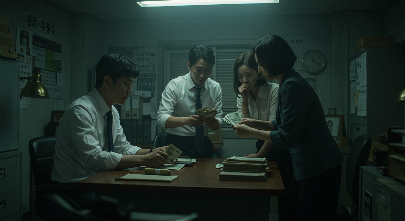 어두운 방에서 몰래 현금을 주고받는 직장인들 모습, 은밀한 거래를 강조