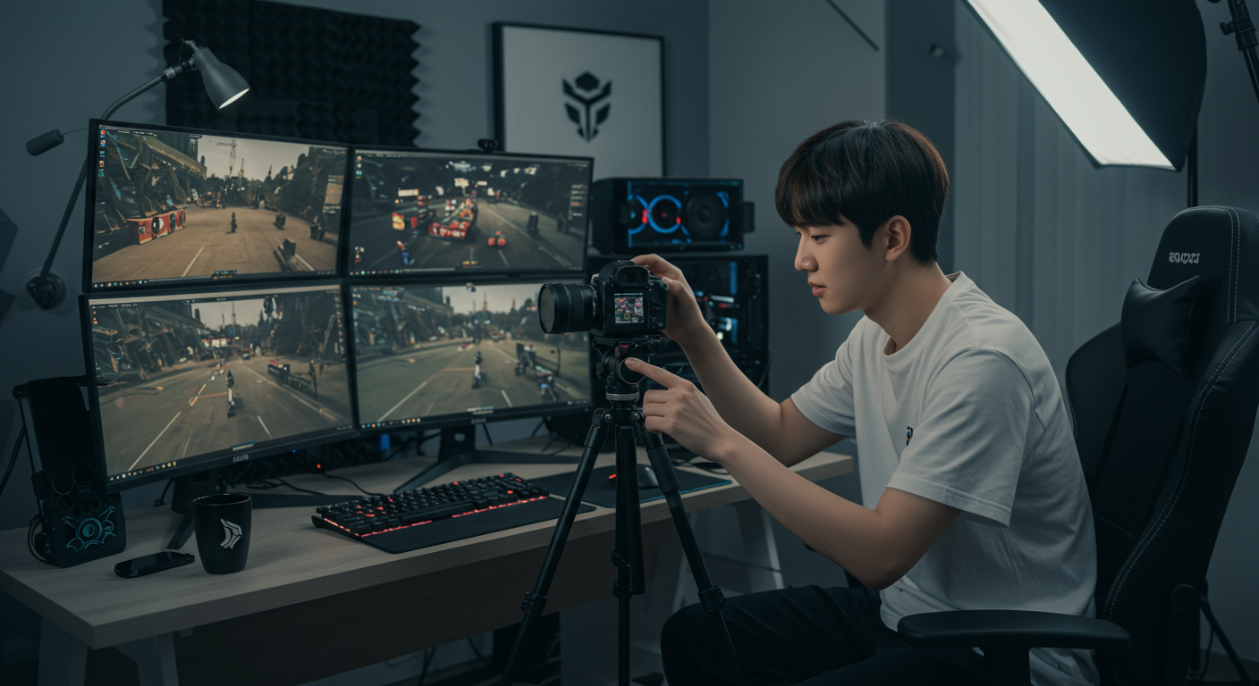 현대적인 한국 게이머가 게임 장비와 모니터로 둘러싸인 세련된 홈 스튜디오에서 DSLR 카메라를 설정하는 모습
