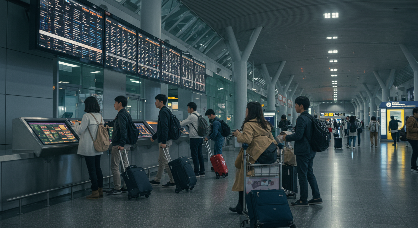 현대식 공항 터미널에서 여행 일정을 확인하는 여행자들