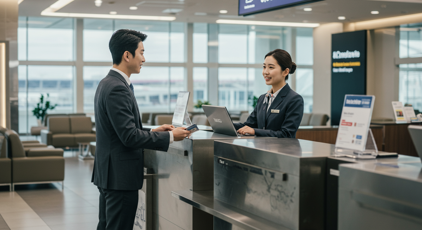 공항 라운지에서 마일리지를 사용하여 퍼스트 클래스로 업그레이드 하는 비즈니스 여행객