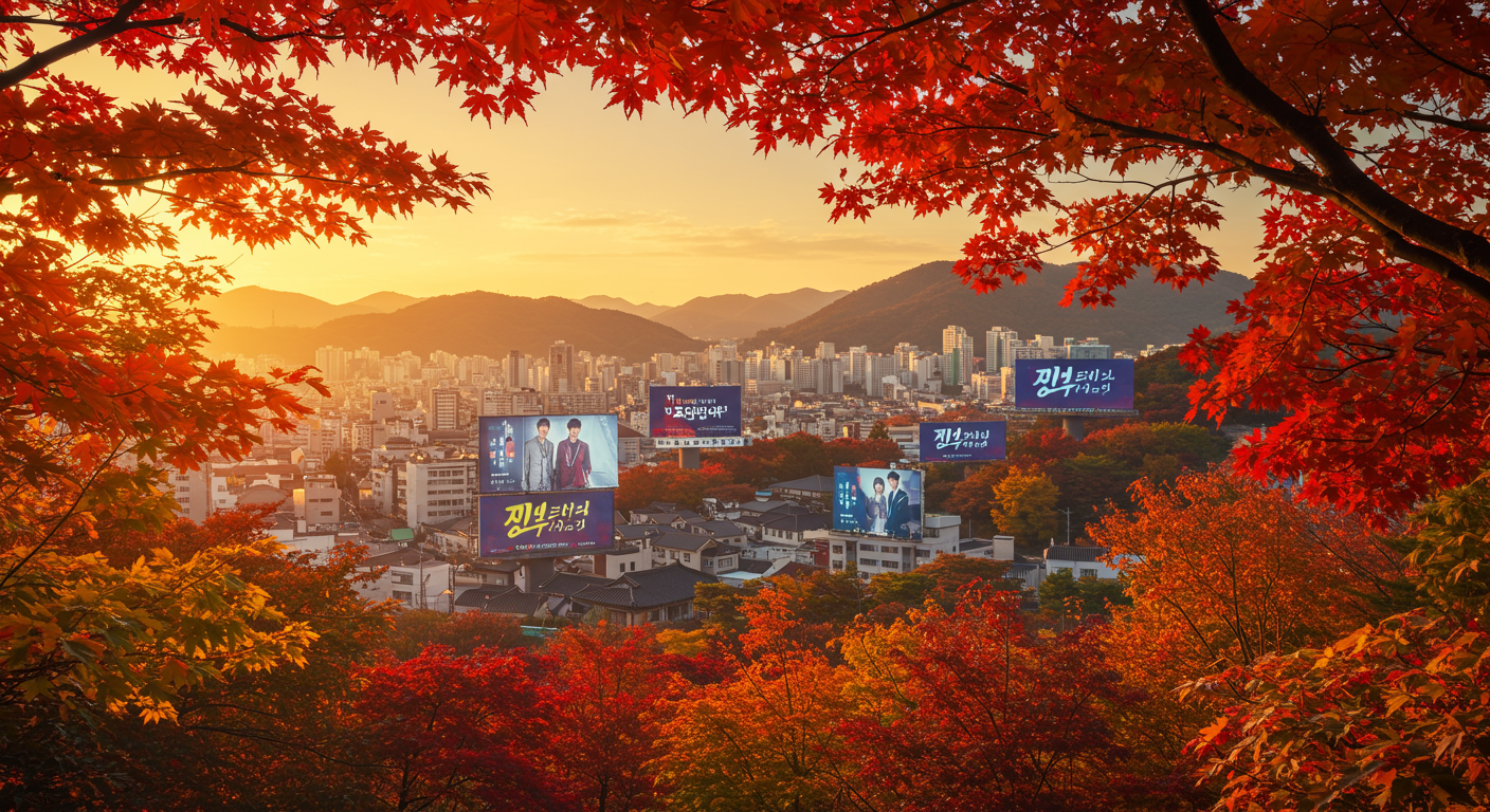 디지털 플랫폼에서 TV 프로그램 런칭을 배경으로 한 가을 도시 풍경