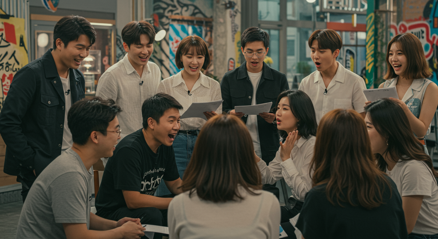쇼 출연자 선정을 위한 회의 중인 다양한 젊은이들
