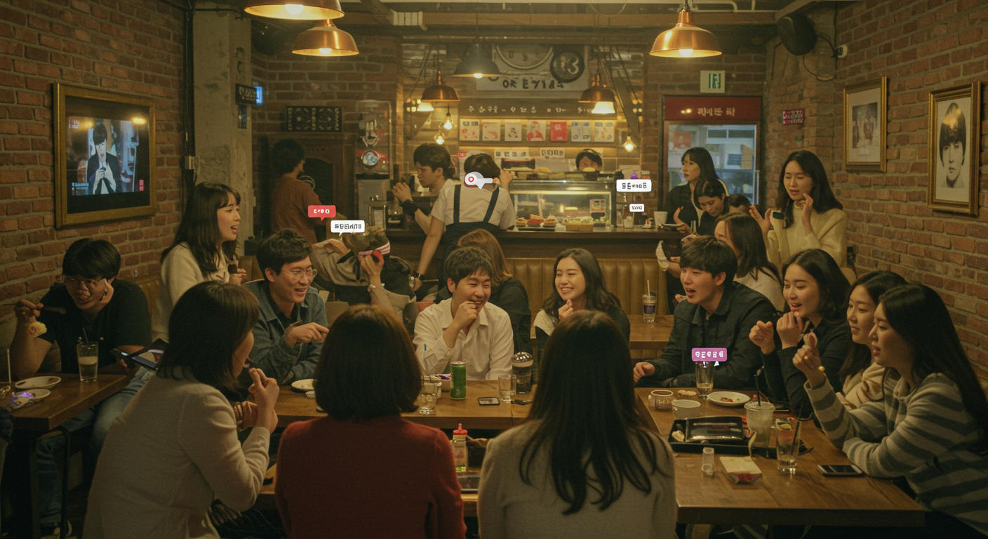 인기 TV 프로그램에 대해 활발히 대화하는 사람들로 가득한 한국 카페의 생동감 있는 장면