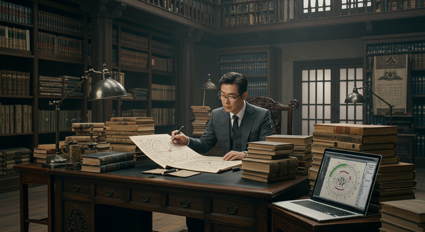 도서관에서 고대 서적과 현대 기술 사이에 앉아 달력을 통해 시간을 연구하는 학자