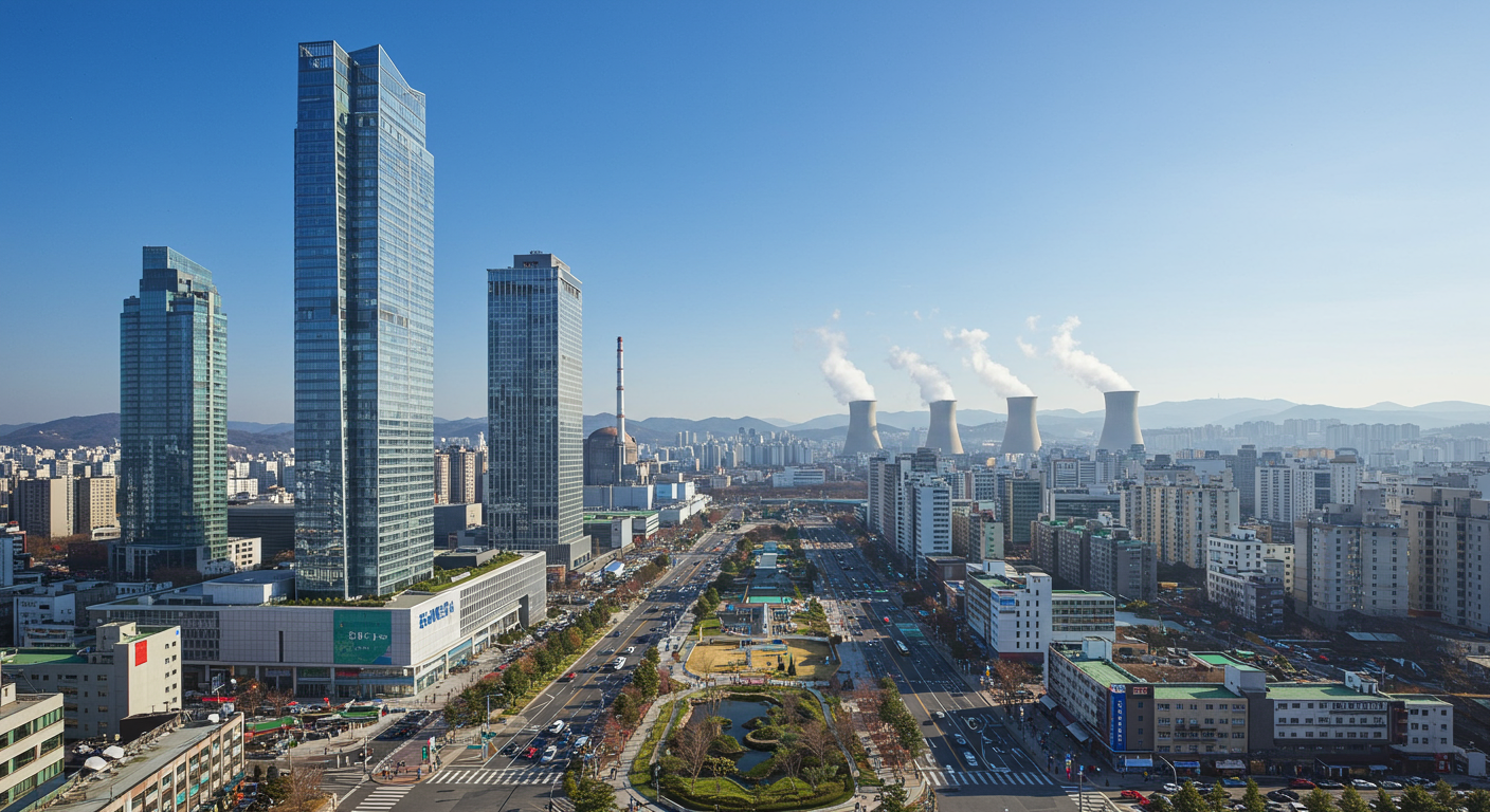 핵발전소가 보이는 현대적 도시 풍경