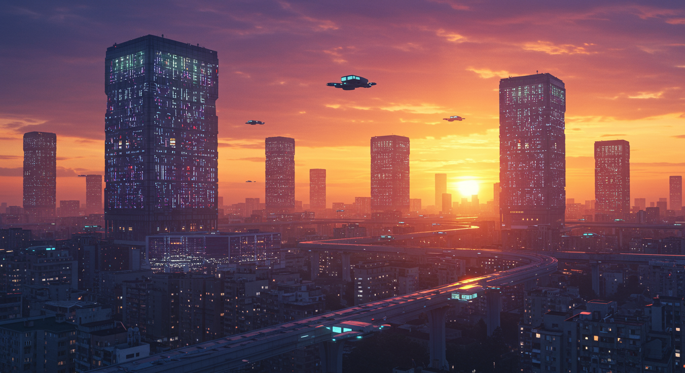 AI 데이터 센터와 에너지 효율적인 고층 건물이 있는 미래 도시 풍경