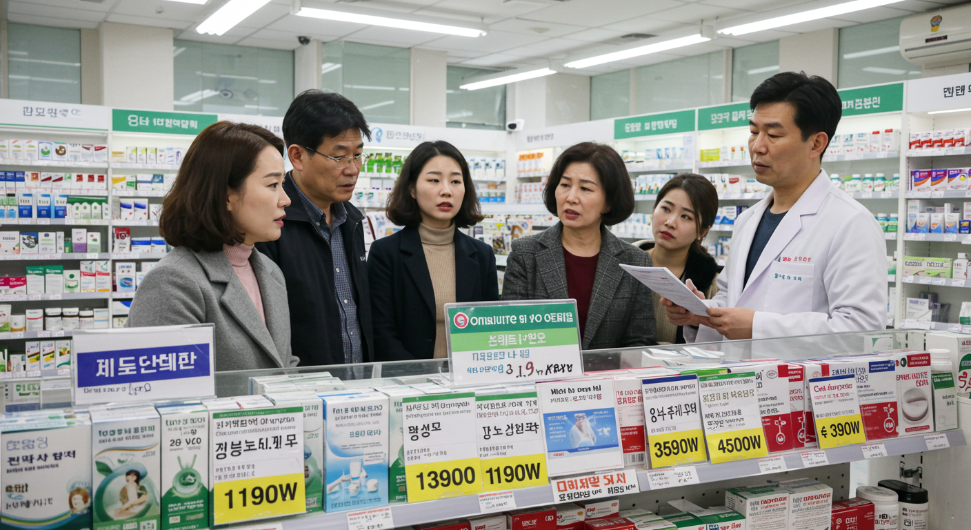 약국 카운터에서 비싼 가격의 비만 치료제에 대해 이야기하는 소비자들