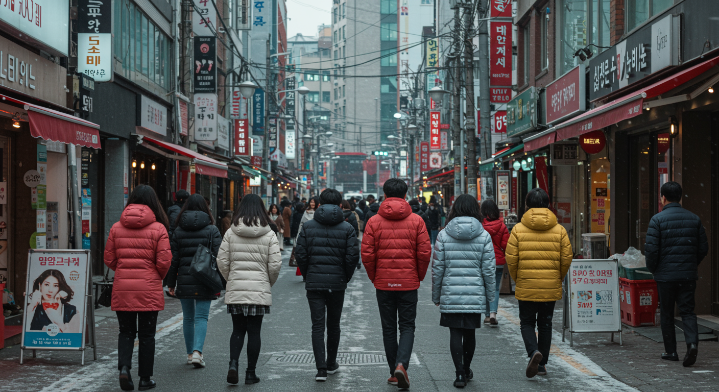 현대적인 겨울 도시 풍경 속 최신 유니클로 경량패딩을 입은 젊은이들