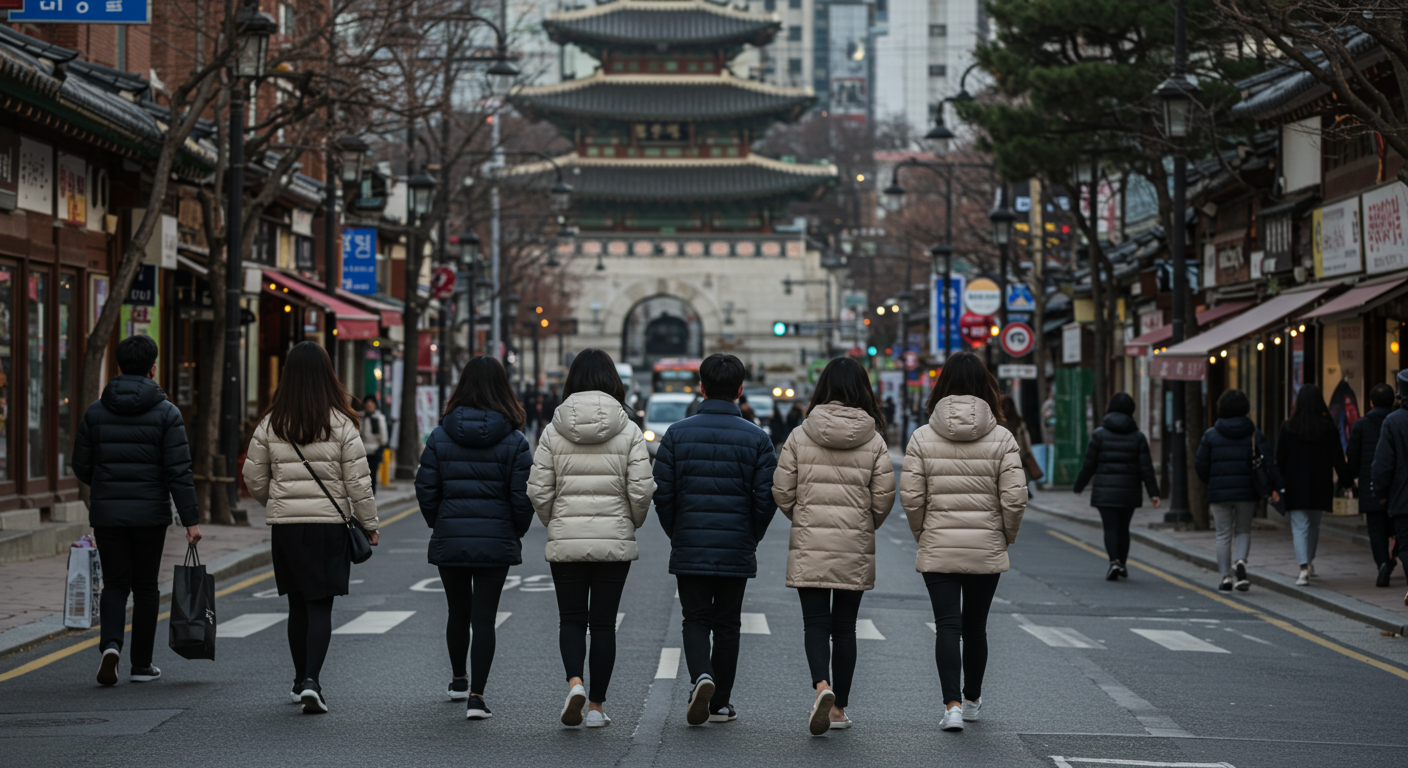 스타일리시한 경량패딩을 입고 출퇴근하는 서울 거리의 모습