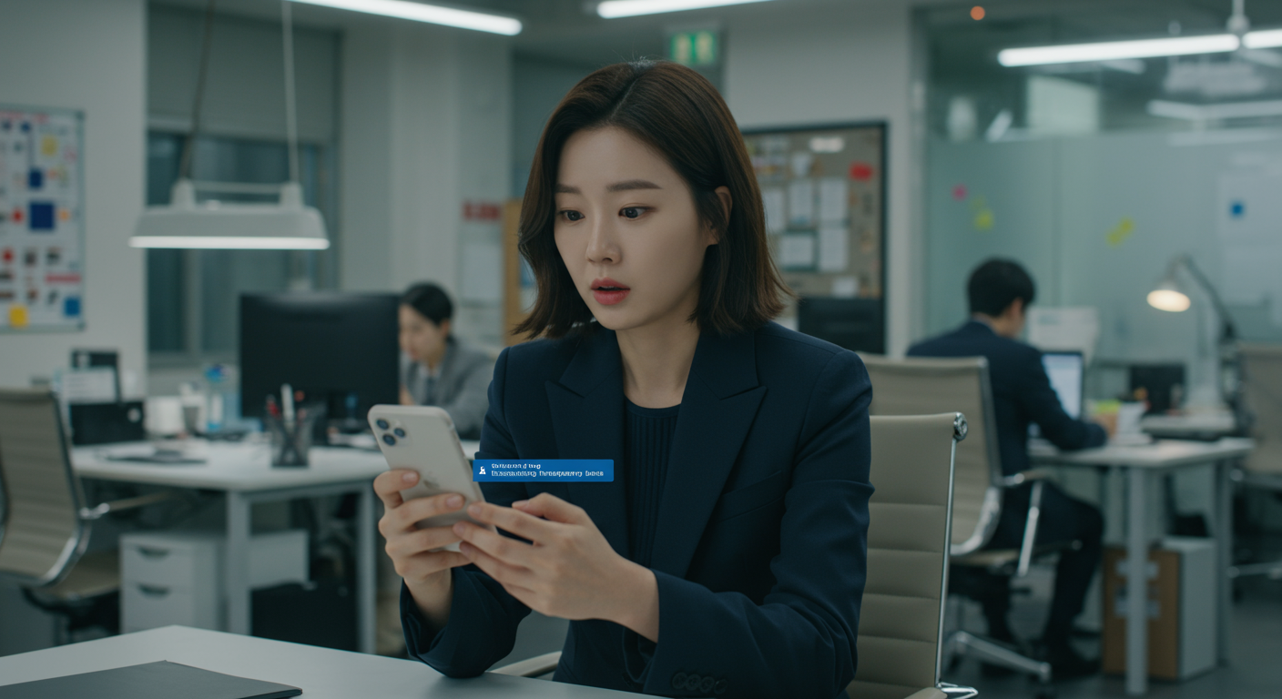사무실에서 아이폰의 통화 녹음 고지 알림에 반응하는 비즈니스 여성