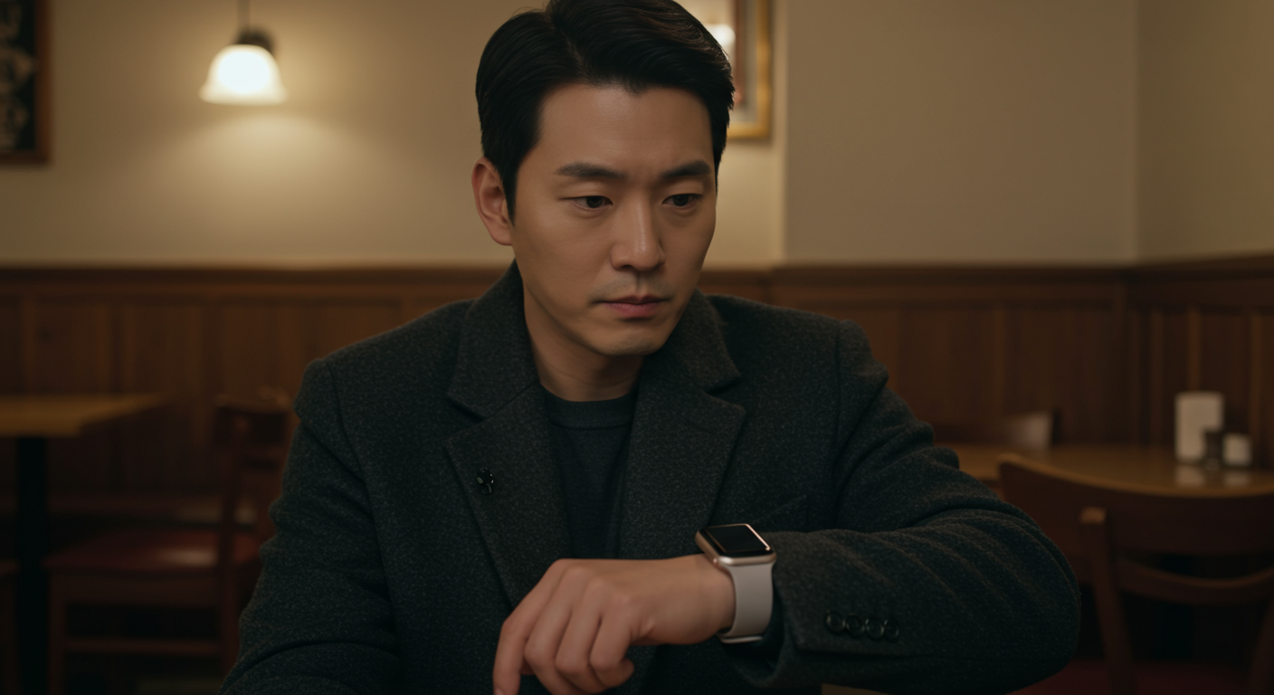 카페에서 애플워치로 조용히 통화를 녹음하는 남성