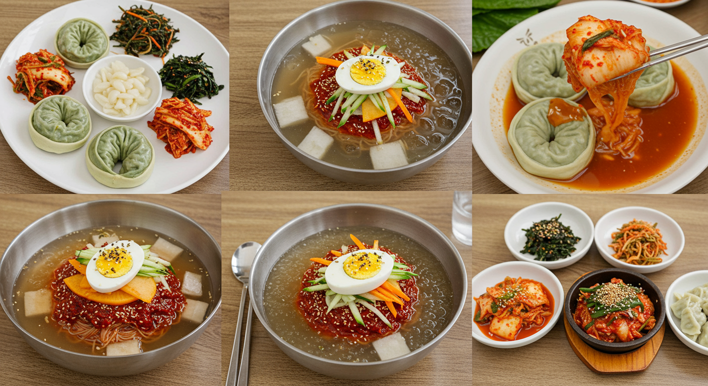 냉면 육수 및 만두와 함께 제공되는 다양한 동치미 요리들