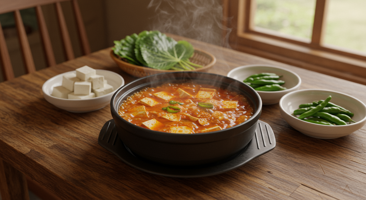 따뜻하고 얼큰한 순두부찌개가 주방 테이블 위에 놓인 모습