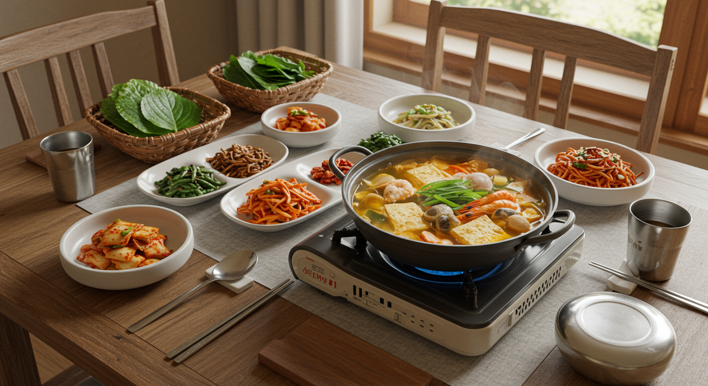 다양한 해물 및 돼지고기 버전의 순두부찌개가 식탁에 차려진 모습