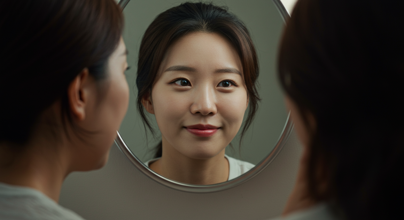 중년 여성과 젊은 자아가 거울 속에서 대조되는 모습