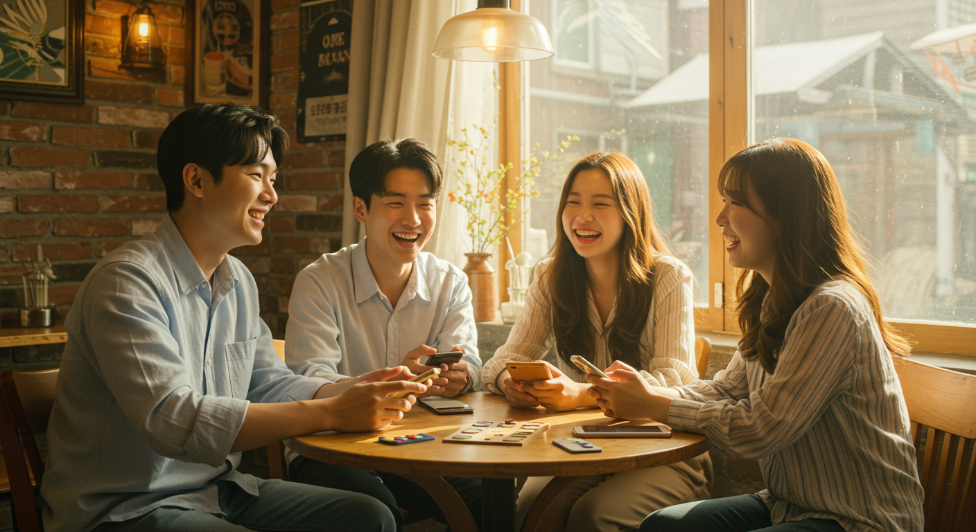 카페에서 스마트폰으로 밸런스게임 질문을 보며 웃고 대화하는 젊은 친구들