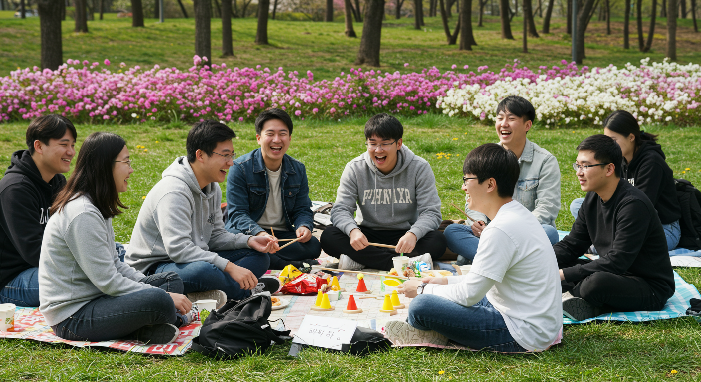 공원 피크닉 자리에서 웃음을 터뜨리며 극단적인 밸런스게임 질문에 대해 토론하는 대학생들