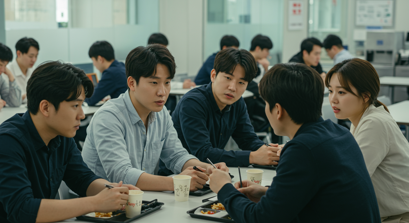 회사 구내식당에서 점심시간 동안 금전과 시간 관련된 밸런스게임 질문에 대해 진지하게 대화하는 직장인들