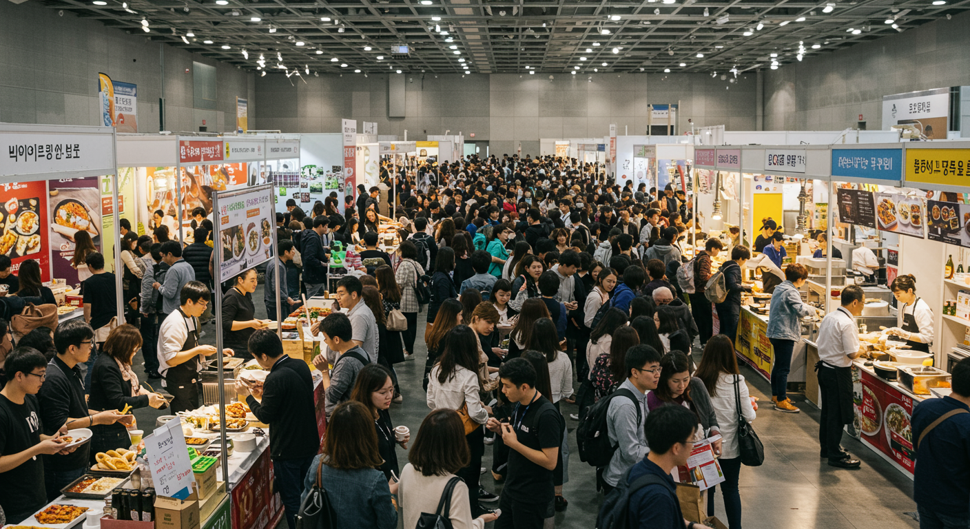다양한 음식을 시식하는 사람들이 가득한 코엑스 전시장