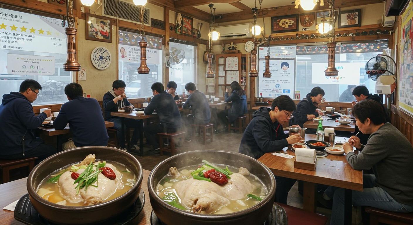 네이버와 구글 평점을 보여주는 디지털 화면이 설치된 한국식 식당 내부