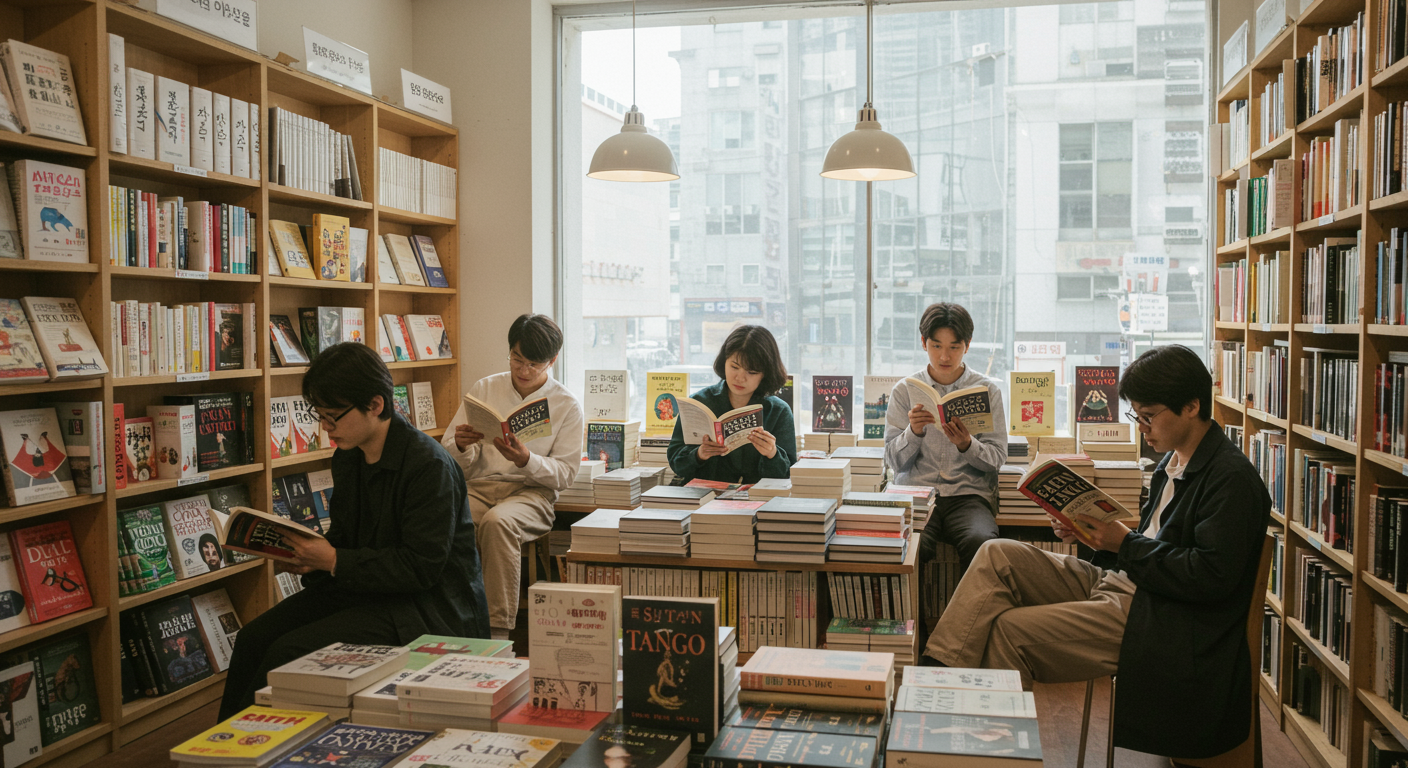 현대 서점에서 '사탄탱고'를 읽고 있는 독자들