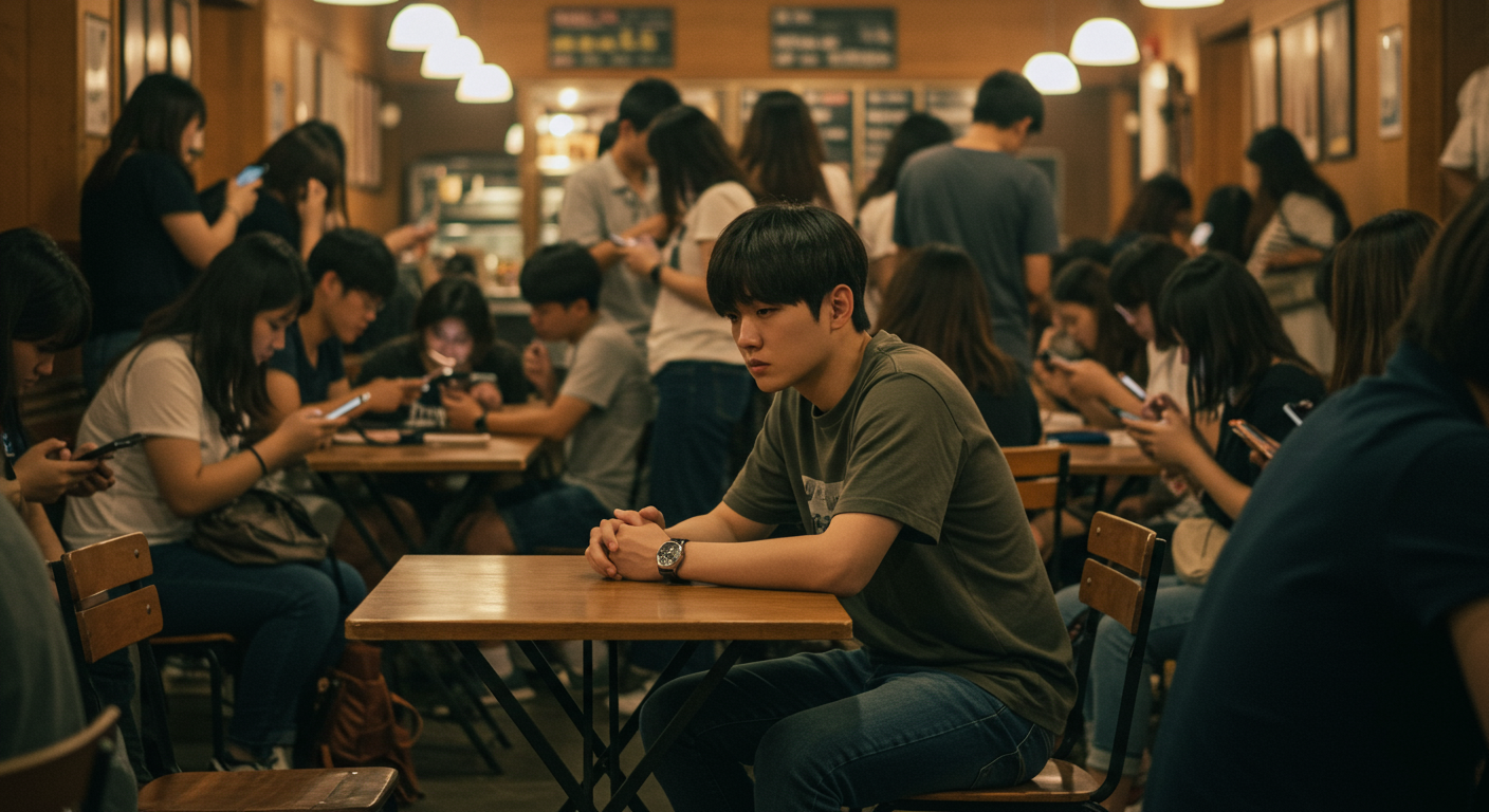 북적이는 카페에서 스마트폰에 몰두한 사람들 사이 홀로 앉아 있는 청년