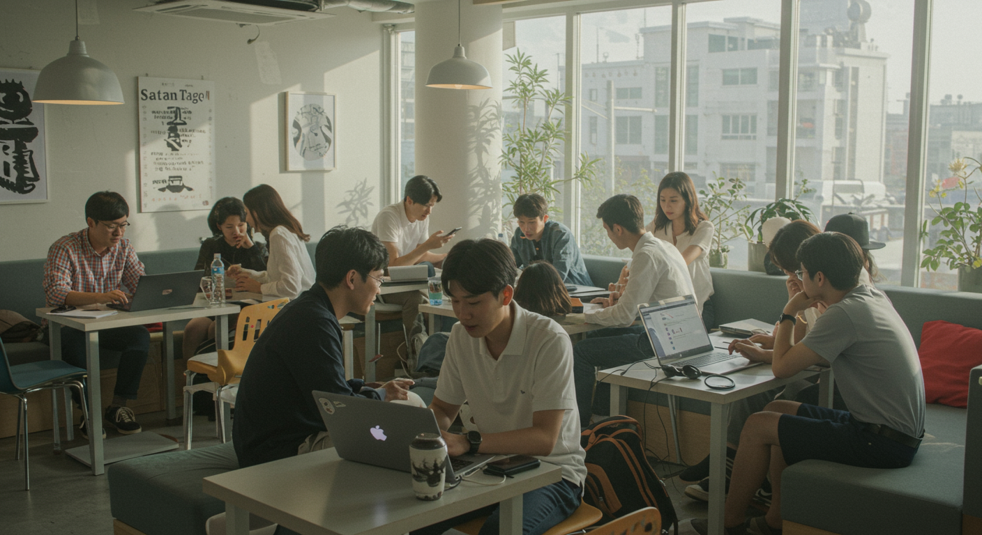 도시 코워킹 스페이스에서 '사탄탱고' 토론에 참여하는 사람들