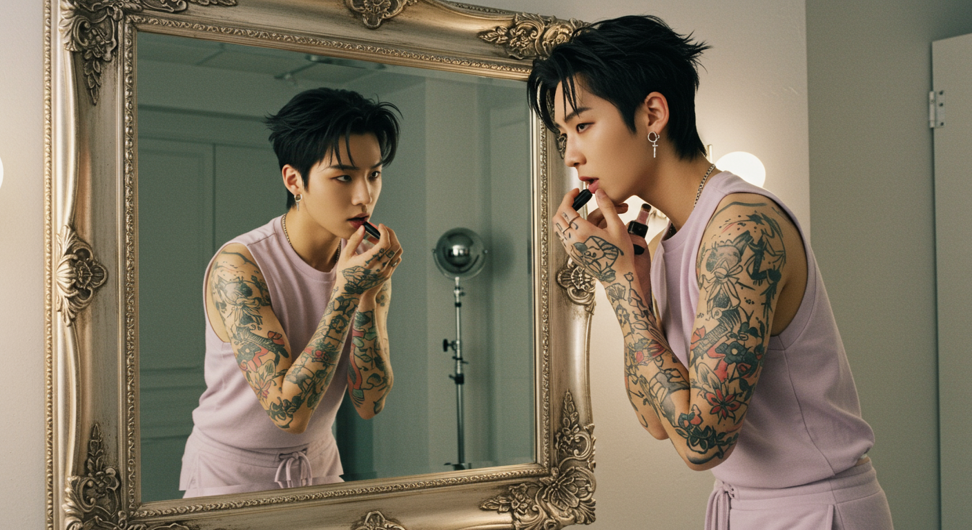 거울 앞에서 팔과 다리의 타투를 메이크업으로 가리는 가수의 모습