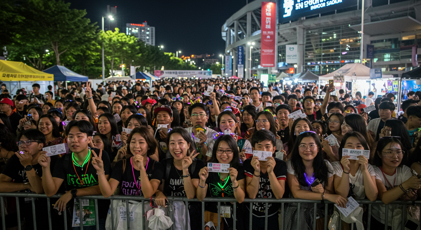 잠실실내체육관 앞에서 콘서트 티켓을 들고 있는 팬들의 기대감 넘치는 모습