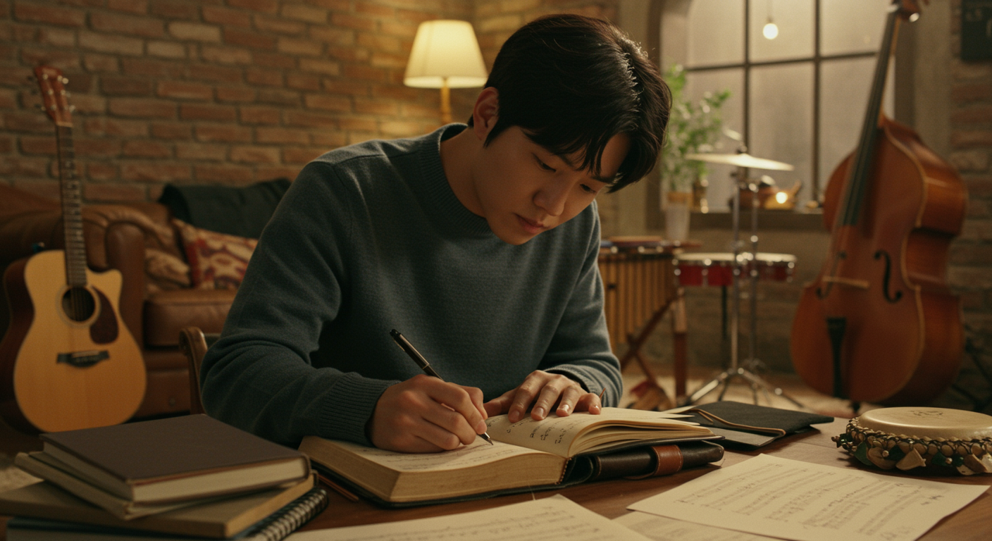 따뜻한 분위기의 방에서 노래 가사를 집중해서 쓰고 있는 뮤지션의 클로즈업 모습