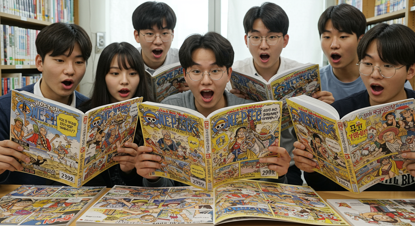 역사적인 만화 장면에 몰입해 있는 독자들의 표정과 분위기