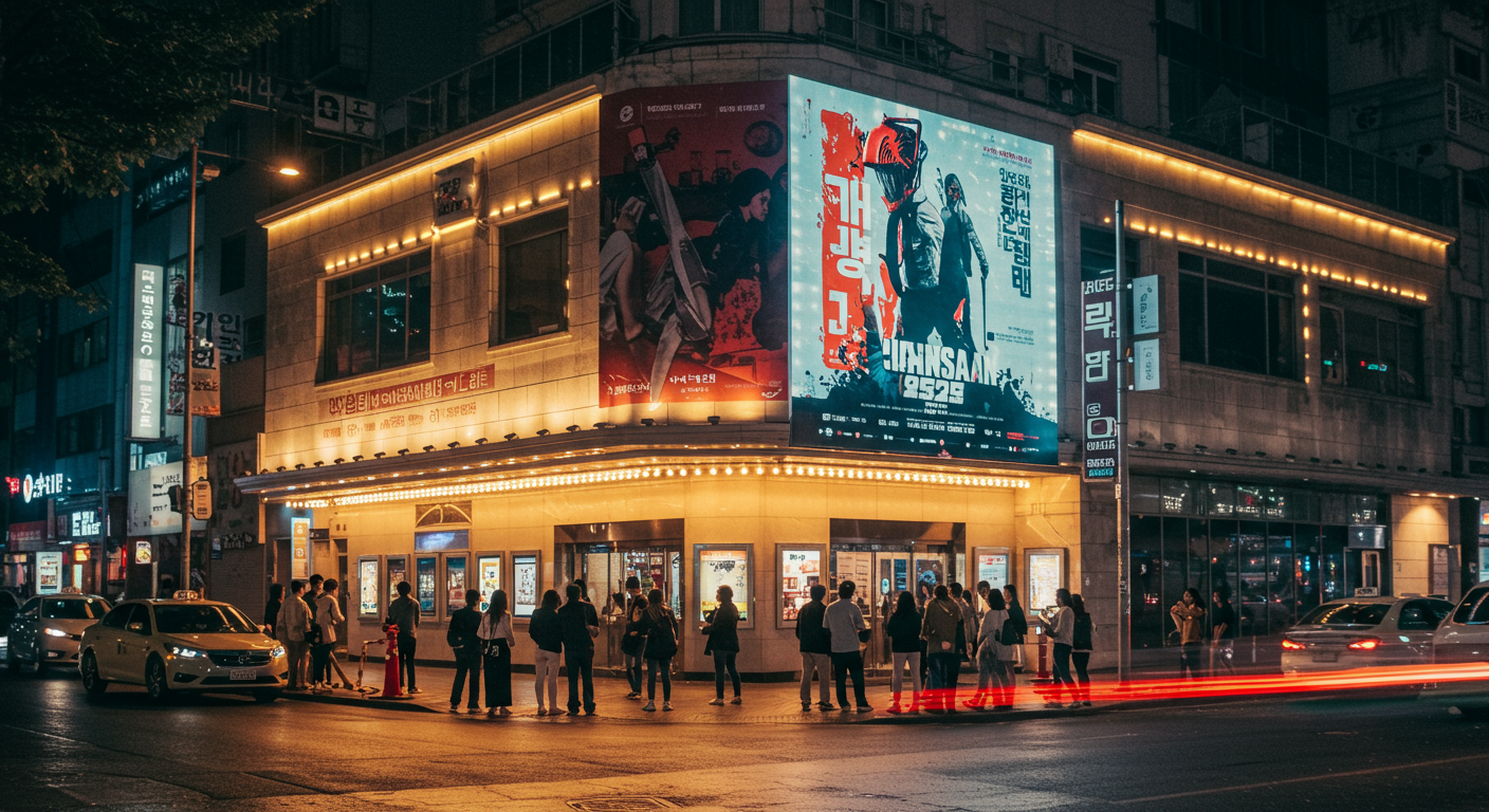 서울의 영화관 외부에서 체인소맨 레제편 포스터가 걸려 있고 프리미어를 기다리는 관객들