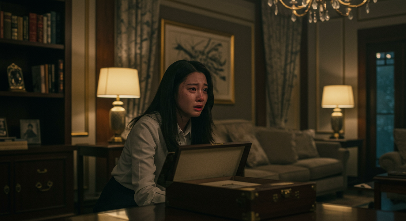 부유한 가정에서 충격적인 비밀을 알게 된 한국 여성이 감정을 드러내는 장면
