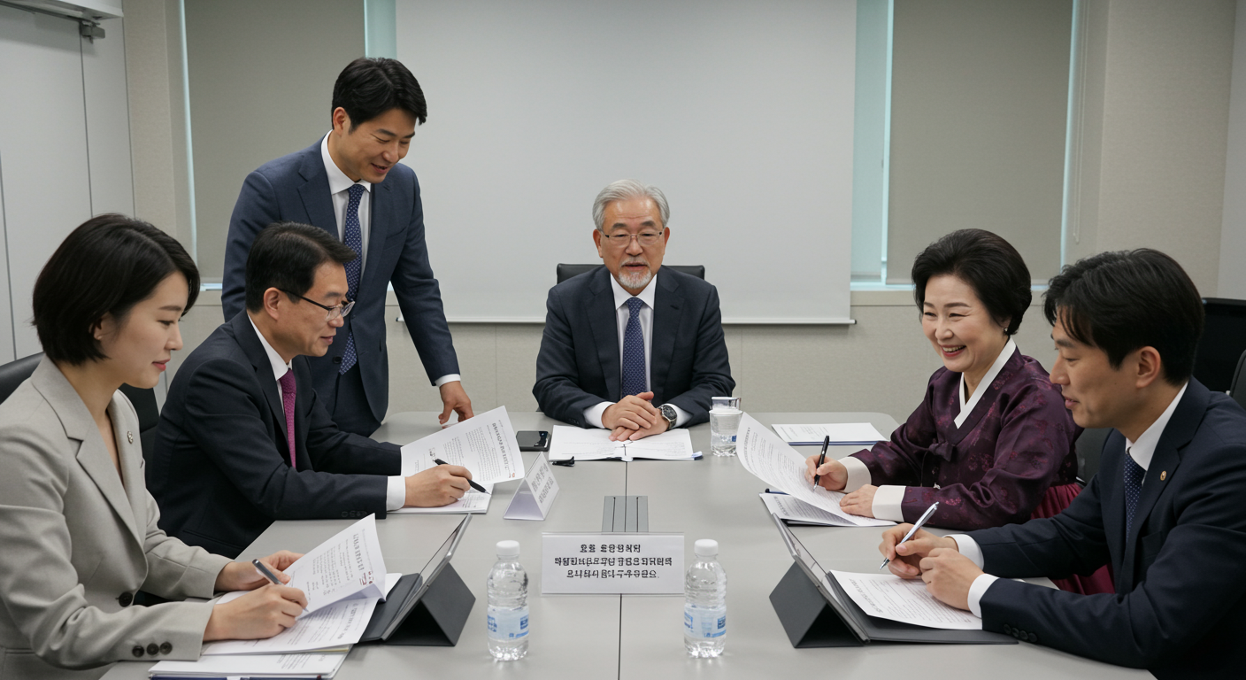 다양한 사람들이 모여 대통령 배우자의 호칭에 대해 토론하는 현대적인 정치적 논의 장면