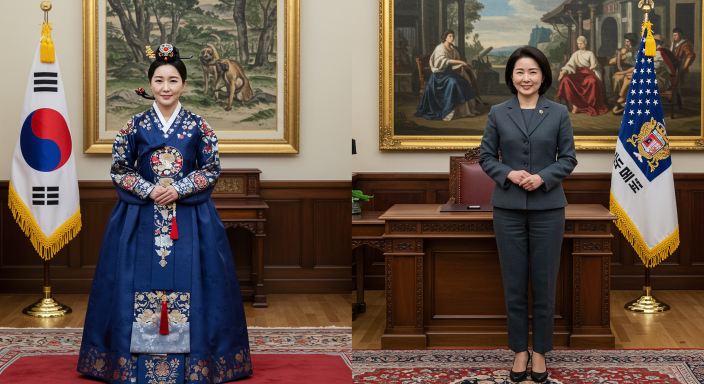 한국과 서양에서 대통령 배우자 호칭의 차이를 보여주는 공식적인 자리의 이중 문화 표현