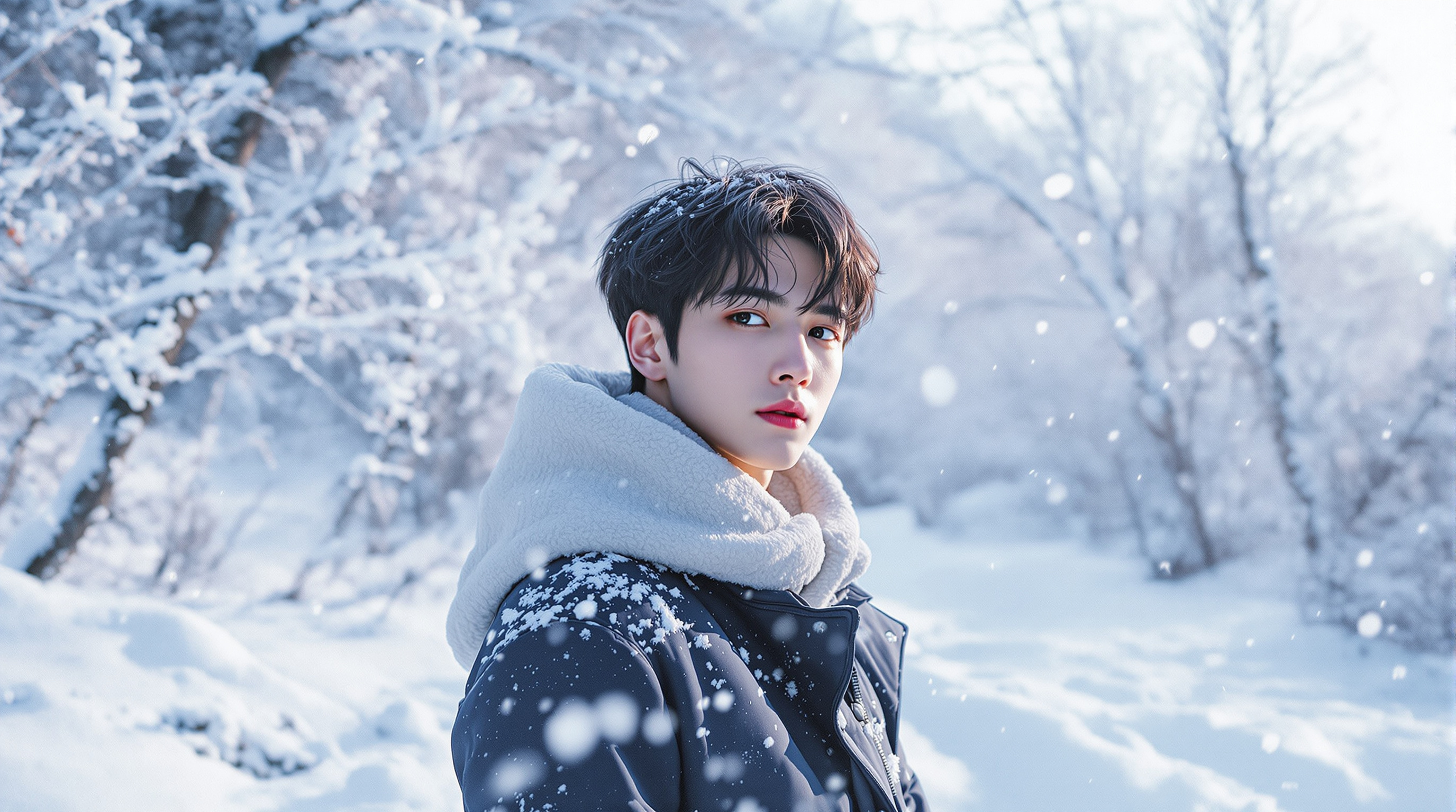 강원도의 눈 덮인 배경에서 포즈를 취하고 있는 정국