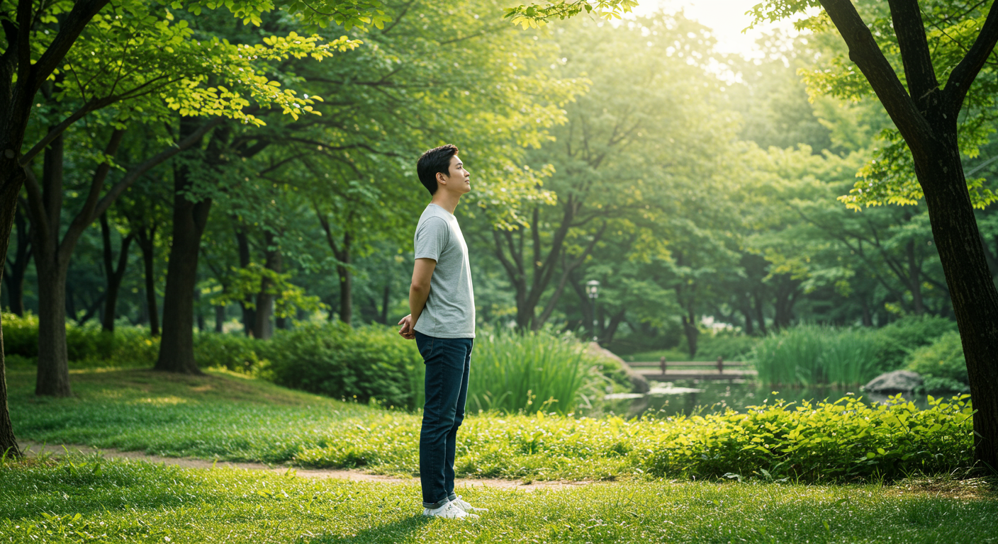 공원에서 건강에 대해 사색하는 한국 남성