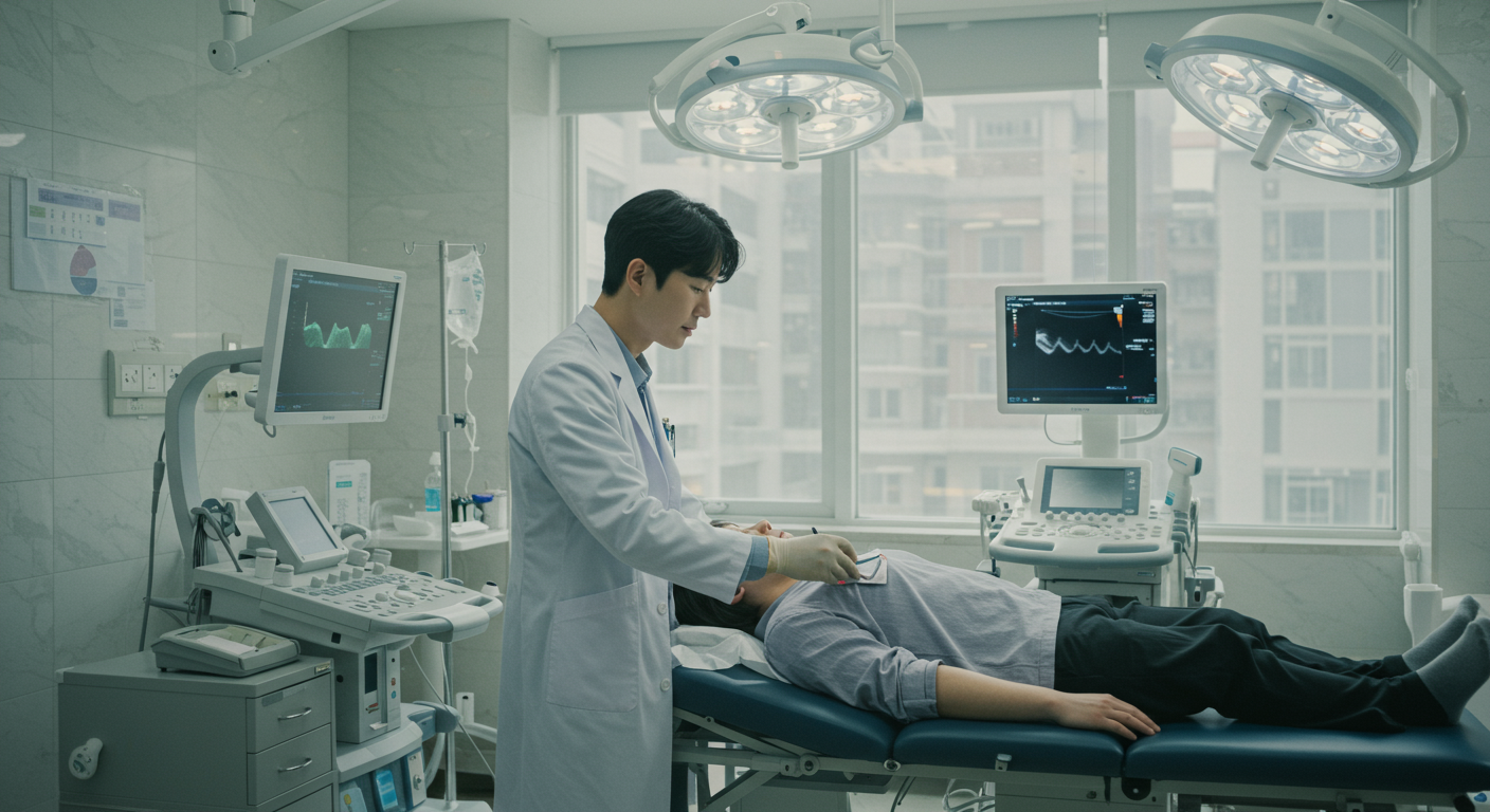 현대적인 클리닉에서 환자의 심혈관 검사를 진행하는 의사