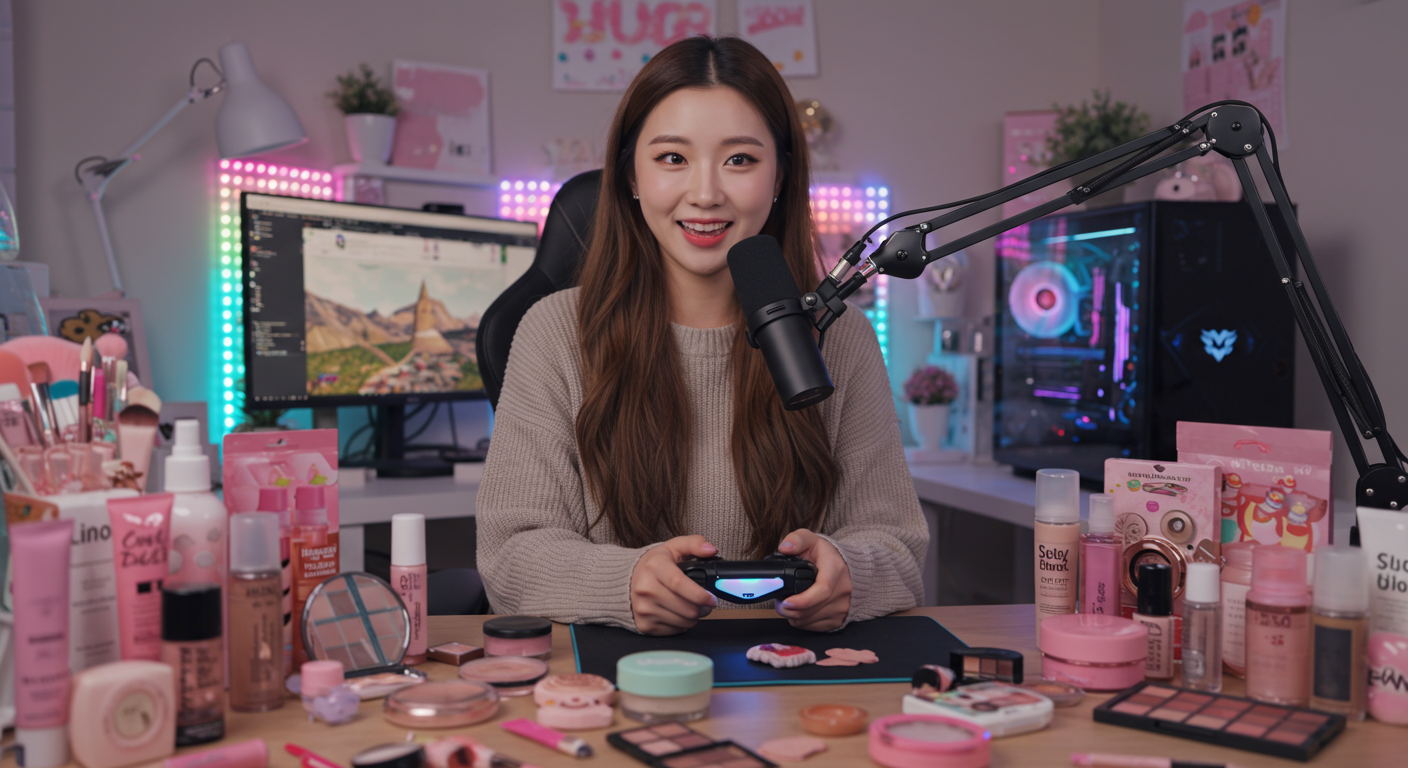 아늑한 홈 스튜디오에서 시청자들과 소통하는 젊은 여성 스트리머
