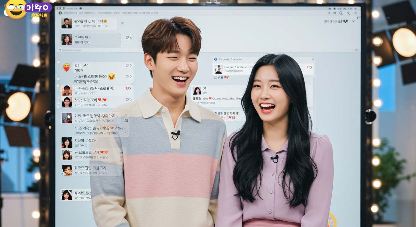 라이브 방송을 통해 공식적인 연애 발표를 하는 한국 커플과 열광적인 시청자 반응