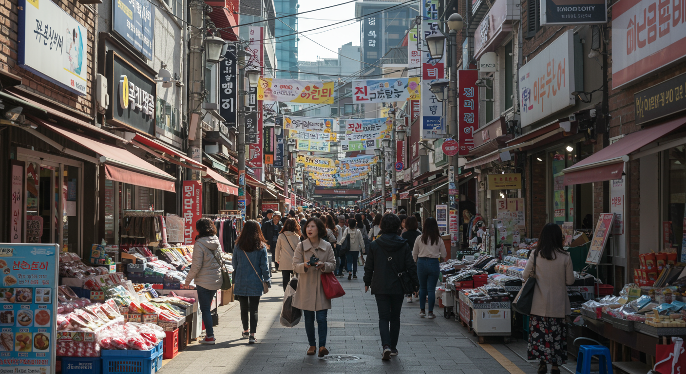 활기찬 쇼핑 거리에서 다채로운 제품을 살펴보는 사람들의 모습