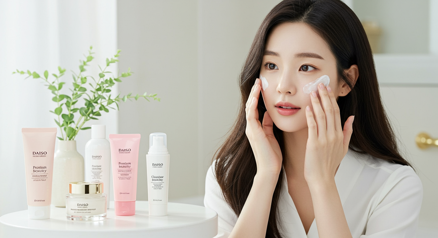 밝은 욕실에서 다이소 뷰티 제품을 사용하는 여성